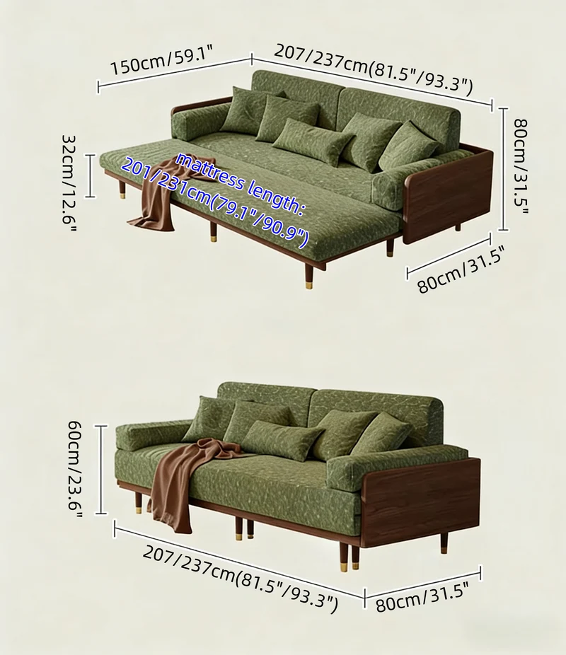 Schlafsofa aus massivem Eschenholz mit Bezug aus Chenille-Stoff mit vierblättrigem Kleeblattmuster