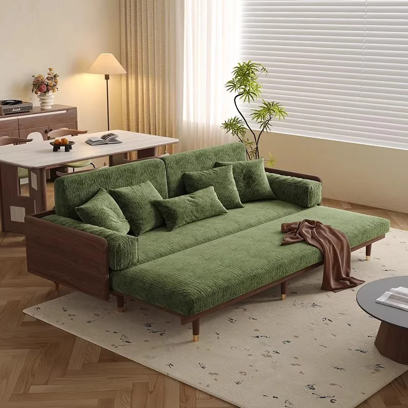 Schlafsofa aus massivem Eschenholz mit Bezug aus Chenille-Stoff mit vierblättrigem Kleeblattmuster