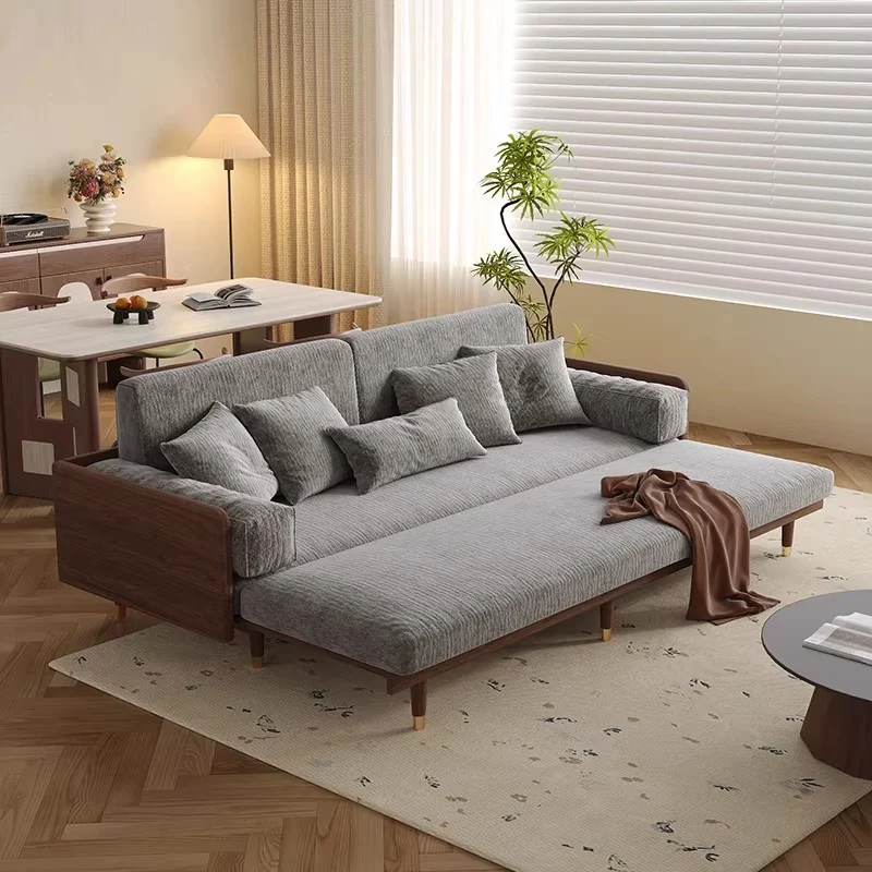 Schlafsofa aus massivem Eschenholz mit Bezug aus Chenille-Stoff mit vierblättrigem Kleeblattmuster