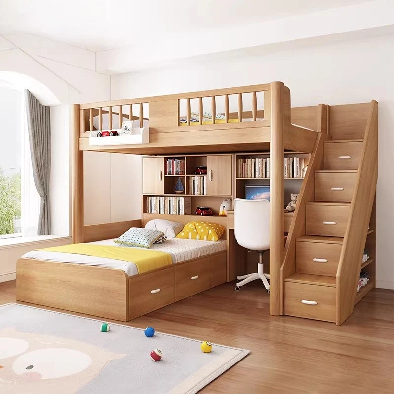 Hochbett aus massivem Buchenholz mit Stauraum, Bettschublade, Treppe, Schreibtisch, Bücherregal und Kleiderschrank