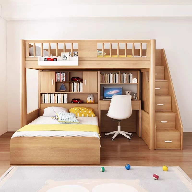 Hochbett aus massivem Buchenholz mit Stauraum, Bettschublade, Treppe, Schreibtisch, Bücherregal und Kleiderschrank