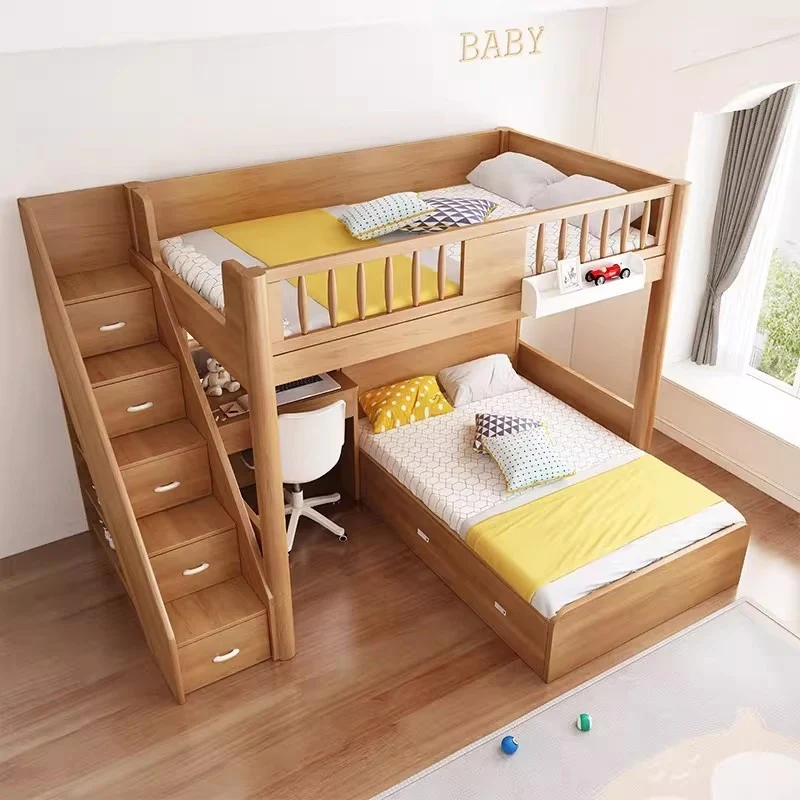 Hochbett aus massivem Buchenholz mit Stauraum, Bettschublade, Treppe, Schreibtisch, Bücherregal und Kleiderschrank