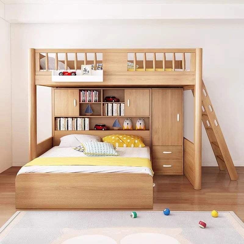 Hochbett aus massivem Buchenholz mit Stauraum, Bettschublade, Treppe, Schreibtisch, Bücherregal und Kleiderschrank