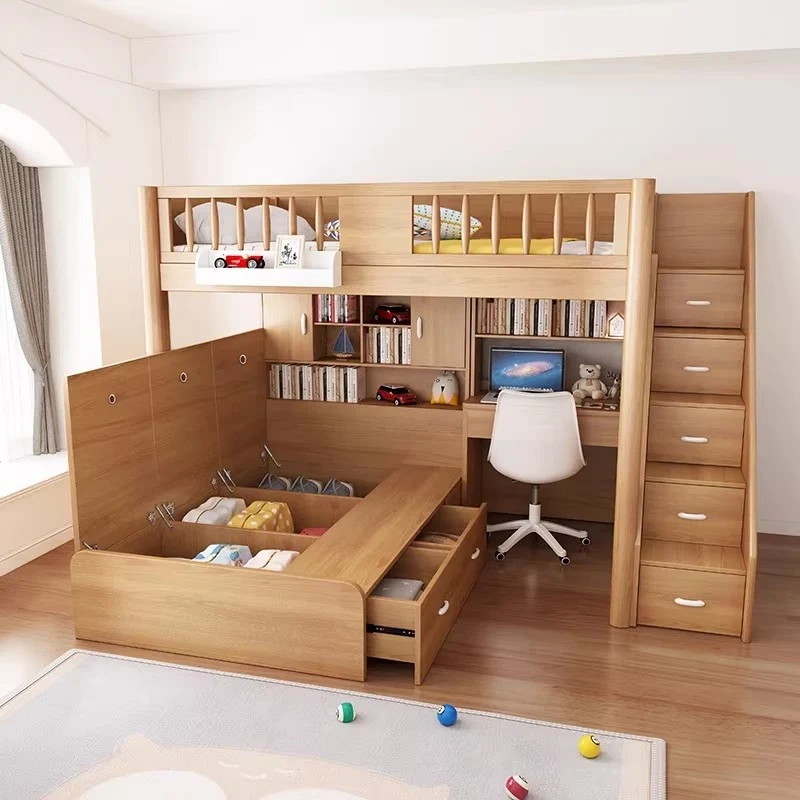 Hochbett aus massivem Buchenholz mit Stauraum, Bettschublade, Treppe, Schreibtisch, Bücherregal und Kleiderschrank