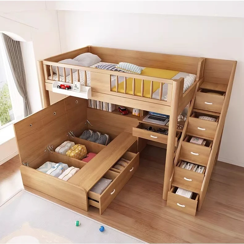 Hochbett aus massivem Buchenholz mit Stauraum, Bettschublade, Treppe, Schreibtisch, Bücherregal und Kleiderschrank