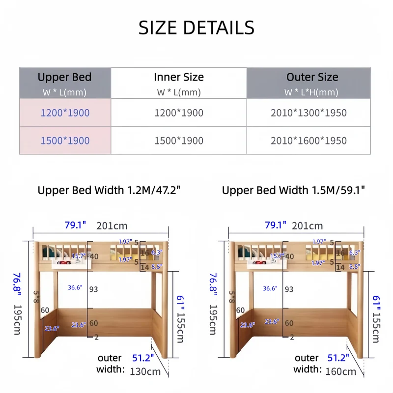 Hochbett aus massivem Buchenholz mit Stauraum, Bettschublade, Treppe, Schreibtisch, Bücherregal und Kleiderschrank
