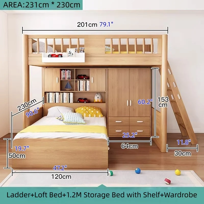 Hochbett aus massivem Buchenholz mit Stauraum, Bettschublade, Treppe, Schreibtisch, Bücherregal und Kleiderschrank