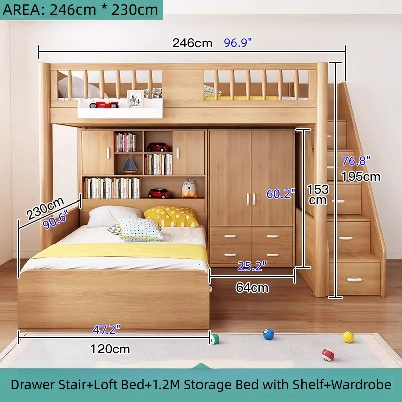Hochbett aus massivem Buchenholz mit Stauraum, Bettschublade, Treppe, Schreibtisch, Bücherregal und Kleiderschrank