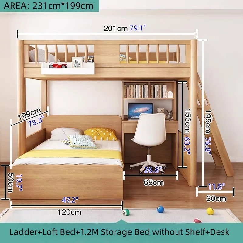 Hochbett aus massivem Buchenholz mit Stauraum, Bettschublade, Treppe, Schreibtisch, Bücherregal und Kleiderschrank