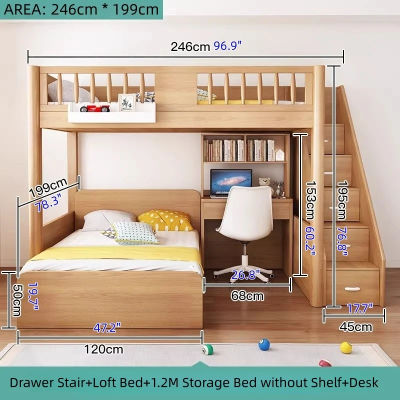 Hochbett aus massivem Buchenholz mit Stauraum, Bettschublade, Treppe, Schreibtisch, Bücherregal und Kleiderschrank