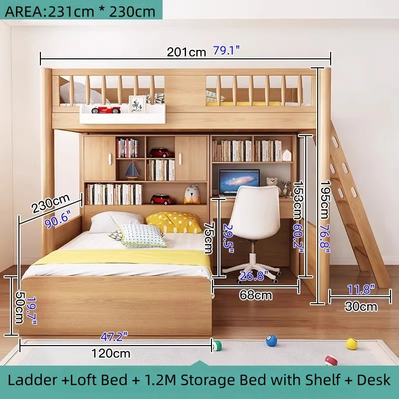 Hochbett aus massivem Buchenholz mit Stauraum, Bettschublade, Treppe, Schreibtisch, Bücherregal und Kleiderschrank