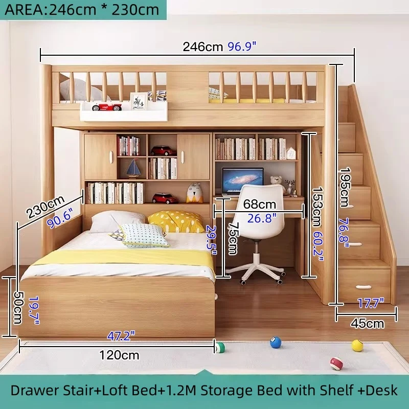 Hochbett aus massivem Buchenholz mit Stauraum, Bettschublade, Treppe, Schreibtisch, Bücherregal und Kleiderschrank