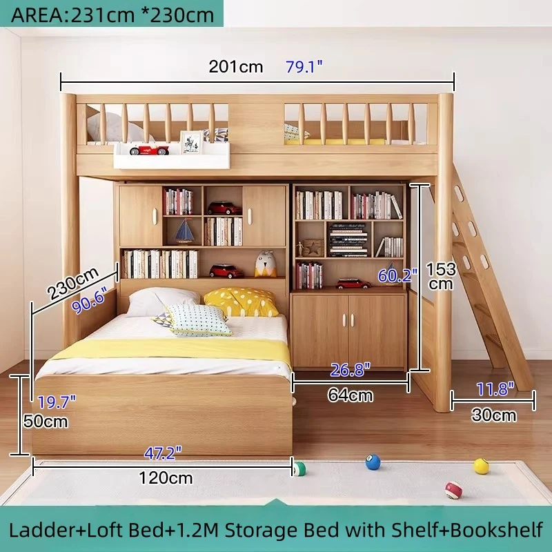 Hochbett aus massivem Buchenholz mit Stauraum, Bettschublade, Treppe, Schreibtisch, Bücherregal und Kleiderschrank
