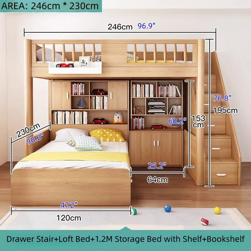 Hochbett aus massivem Buchenholz mit Stauraum, Bettschublade, Treppe, Schreibtisch, Bücherregal und Kleiderschrank