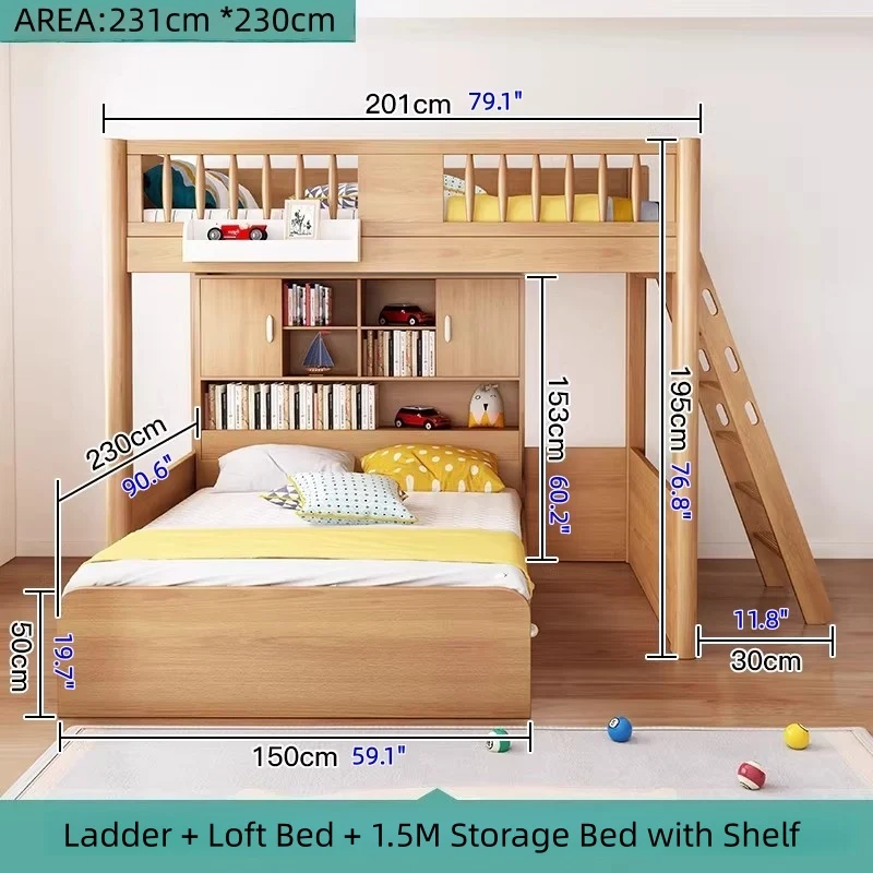 Hochbett aus massivem Buchenholz mit Stauraum, Bettschublade, Treppe, Schreibtisch, Bücherregal und Kleiderschrank