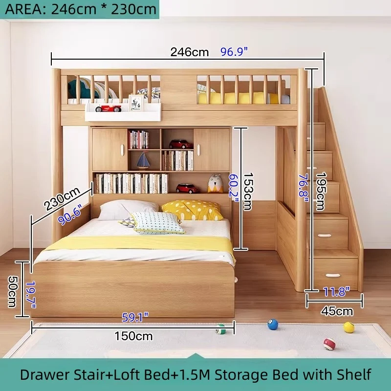Hochbett aus massivem Buchenholz mit Stauraum, Bettschublade, Treppe, Schreibtisch, Bücherregal und Kleiderschrank