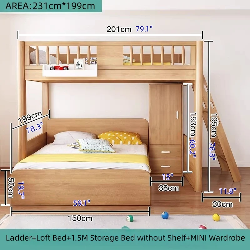 Hochbett aus massivem Buchenholz mit Stauraum, Bettschublade, Treppe, Schreibtisch, Bücherregal und Kleiderschrank