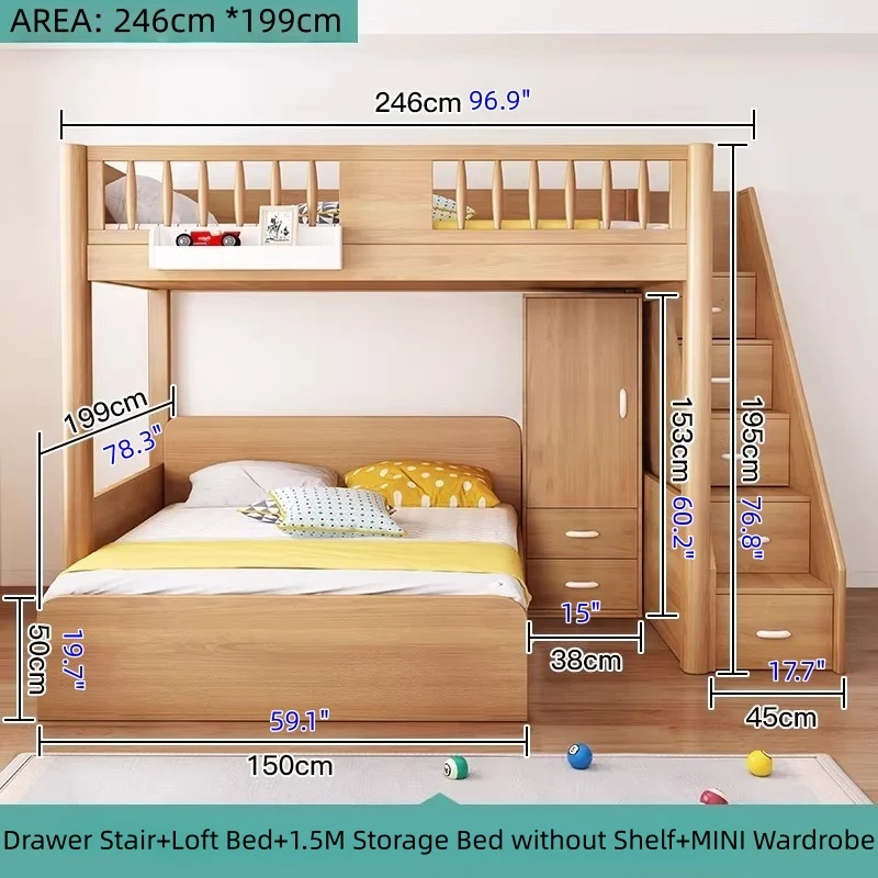 Hochbett aus massivem Buchenholz mit Stauraum, Bettschublade, Treppe, Schreibtisch, Bücherregal und Kleiderschrank