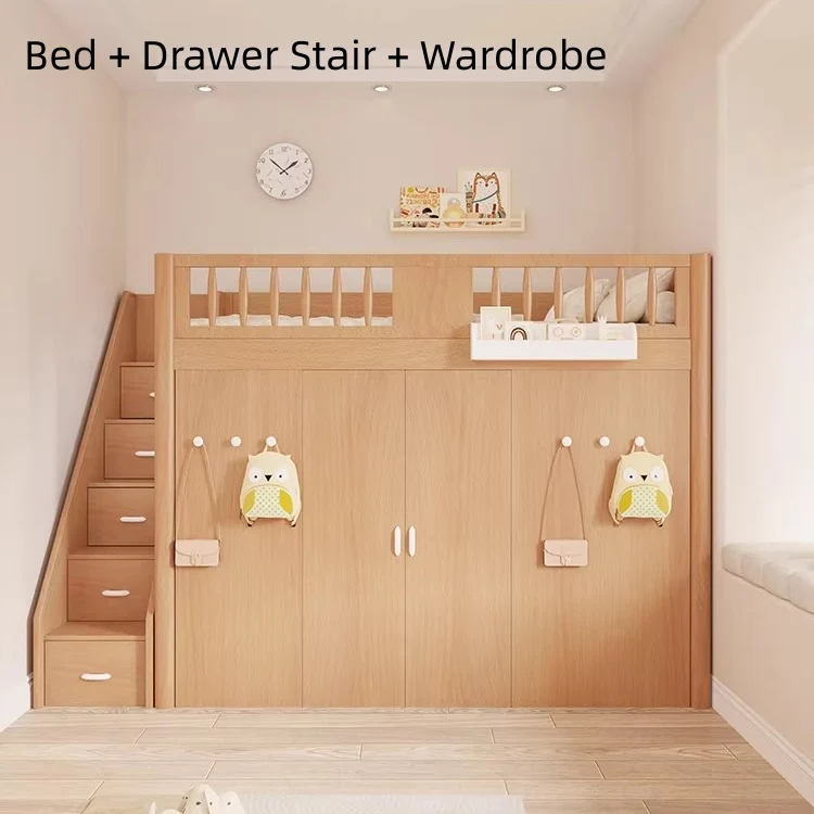 Platzsparendes All-in-One-Hochbett für Kinder mit integriertem Kleiderschrank, Bücherregal und Schreibtisch