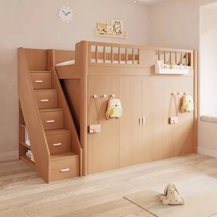 Platzsparendes All-in-One-Hochbett für Kinder mit integriertem Kleiderschrank, Bücherregal und Schreibtisch