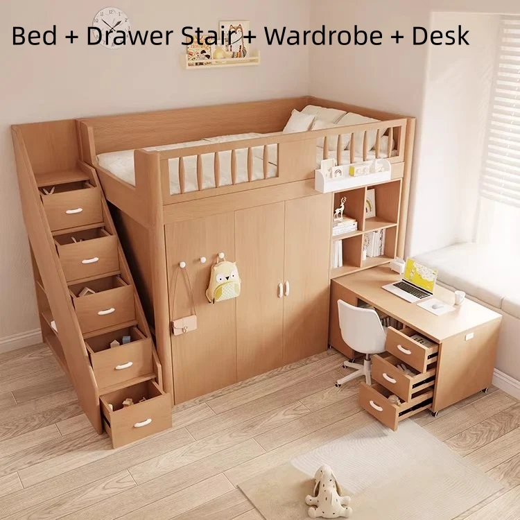 Platzsparendes All-in-One-Hochbett für Kinder mit integriertem Kleiderschrank, Bücherregal und Schreibtisch