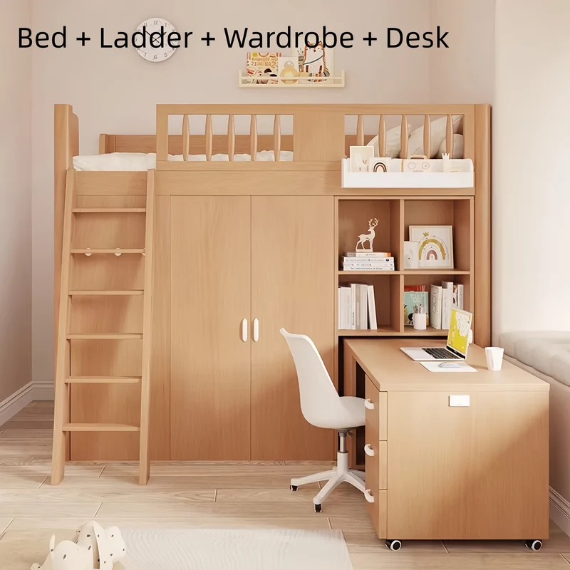 Platzsparendes All-in-One-Hochbett für Kinder mit integriertem Kleiderschrank, Bücherregal und Schreibtisch