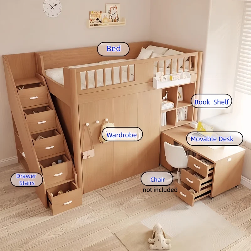 Platzsparendes All-in-One-Hochbett für Kinder mit integriertem Kleiderschrank, Bücherregal und Schreibtisch