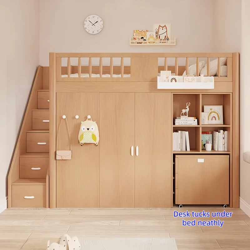 Platzsparendes All-in-One-Hochbett für Kinder mit integriertem Kleiderschrank, Bücherregal und Schreibtisch