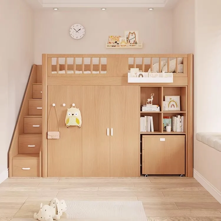 Platzsparendes All-in-One-Hochbett für Kinder mit integriertem Kleiderschrank, Bücherregal und Schreibtisch