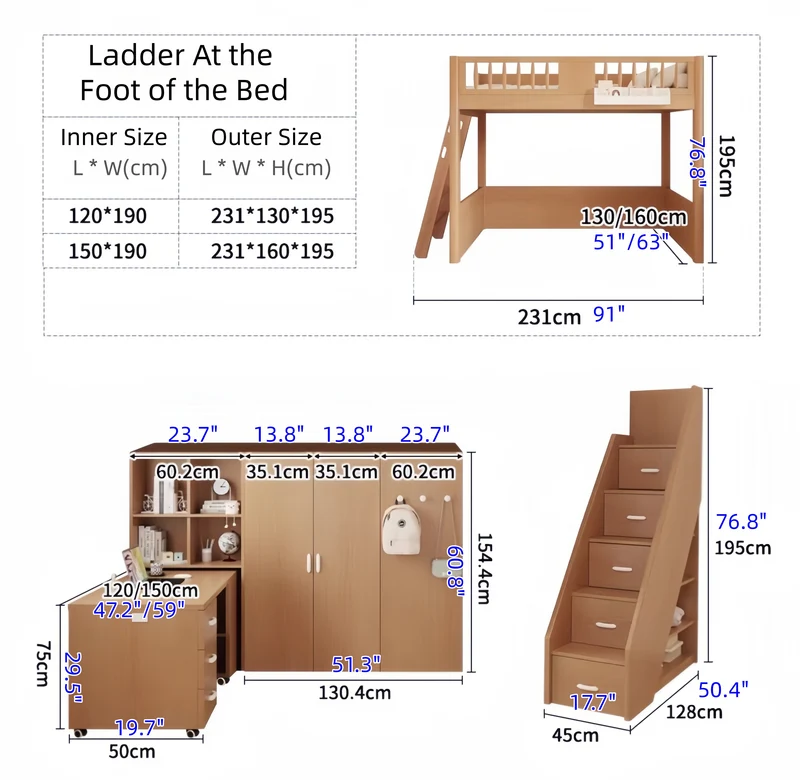 Platzsparendes All-in-One-Hochbett für Kinder mit integriertem Kleiderschrank, Bücherregal und Schreibtisch