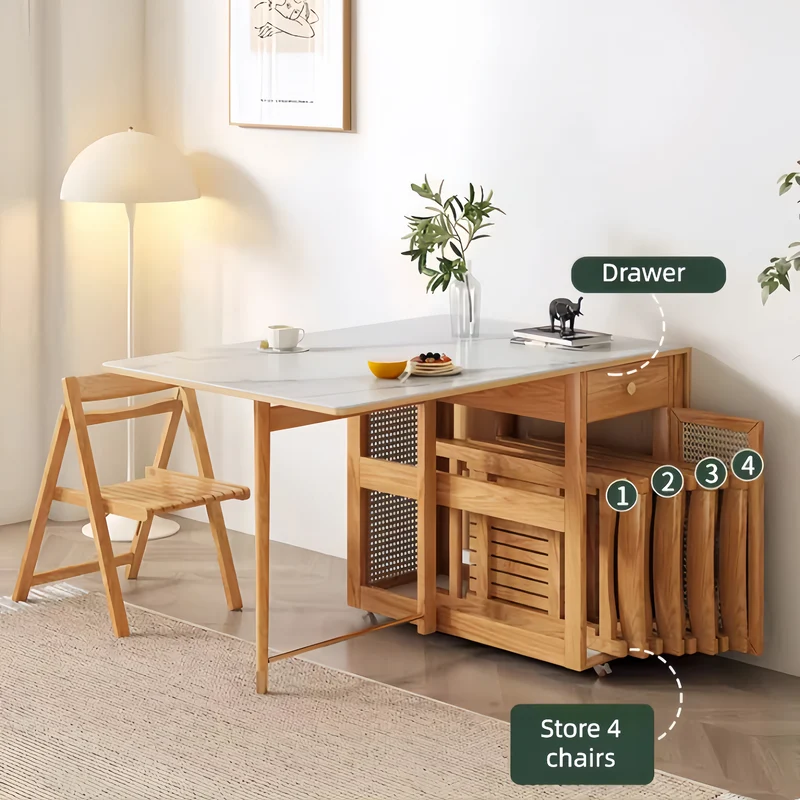 Doppelt klappbarer Esstisch mit Sideboard und 4 Klappstühlen