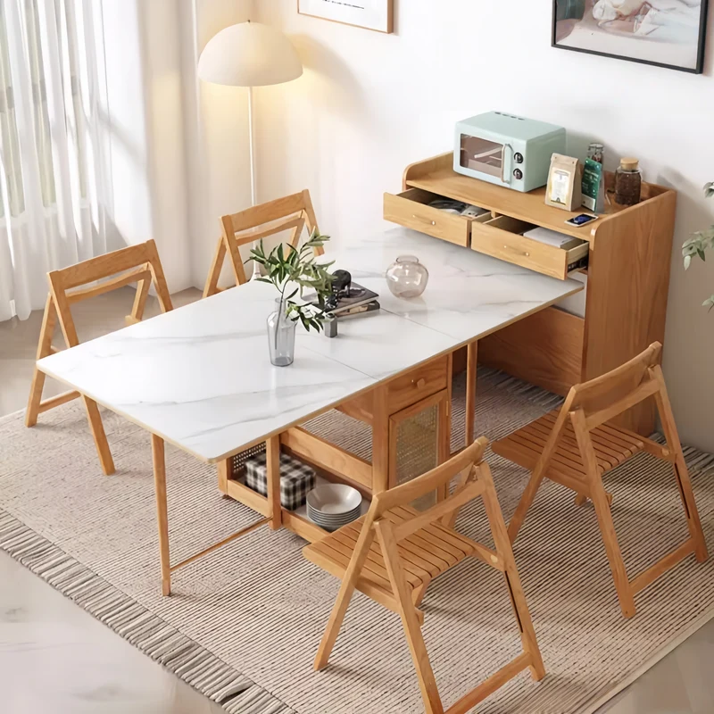 Doppelt klappbarer Esstisch mit Sideboard und 4 Klappstühlen
