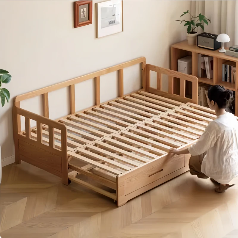Japandi Ausziehsofa mit Massivholzrahmen und zwei Schubladen