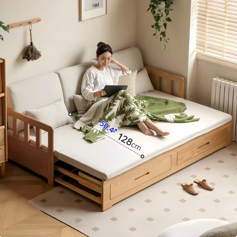 Japandi Ausziehsofa mit Massivholzrahmen und zwei Schubladen