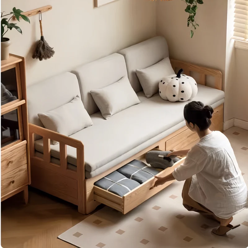 Japandi Ausziehsofa mit Massivholzrahmen und zwei Schubladen