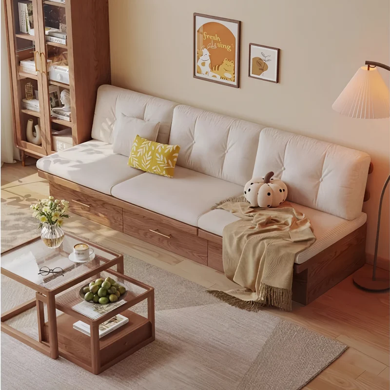 Japandi Massivholzsofa mit versteckten Stauschubladen