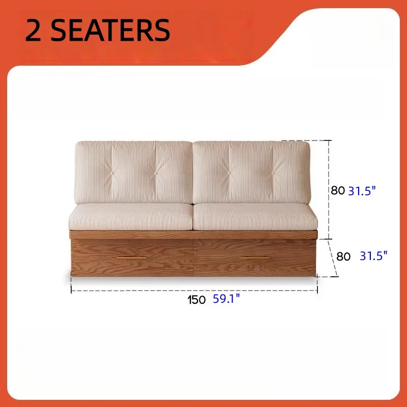 Japandi Massivholzsofa mit versteckten Stauschubladen