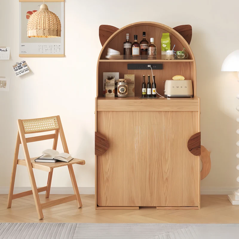 Niedlicher, katzenförmiger Esstisch aus Massivholz mit Klappschrank und Stuhlaufbewahrung
