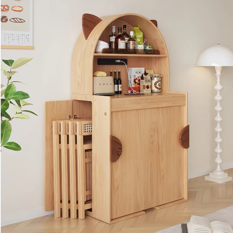 Niedlicher, katzenförmiger Esstisch aus Massivholz mit Klappschrank und Stuhlaufbewahrung