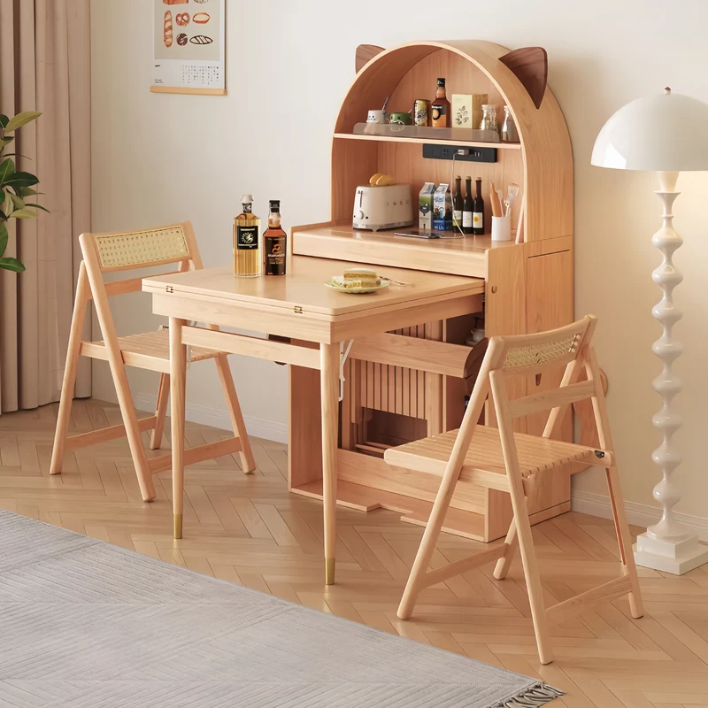 Niedlicher, katzenförmiger Esstisch aus Massivholz mit Klappschrank und Stuhlaufbewahrung