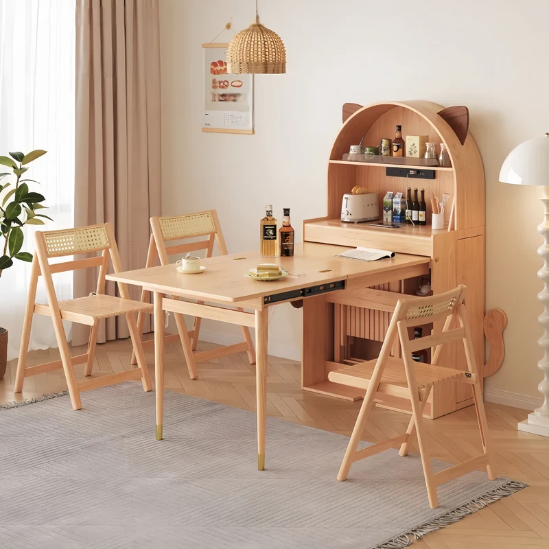 Niedlicher, katzenförmiger Esstisch aus Massivholz mit Klappschrank und Stuhlaufbewahrung