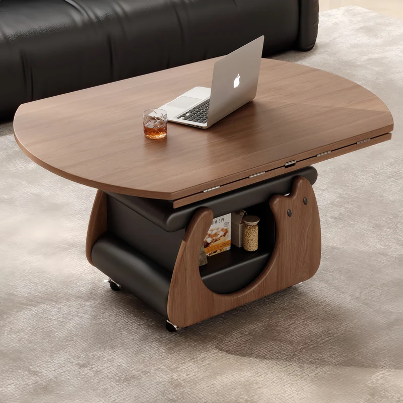 Couchtisch aus Massivholz, höhenverstellbar und klappbar, mit Stauraum und Universalrollen