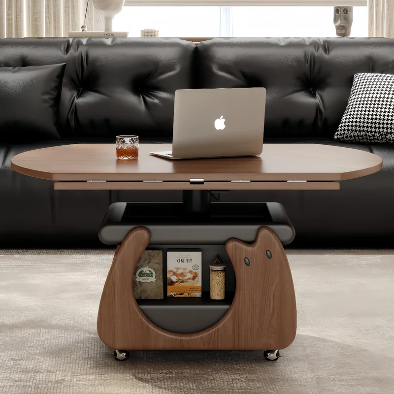 Couchtisch aus Massivholz, höhenverstellbar und klappbar, mit Stauraum und Universalrollen