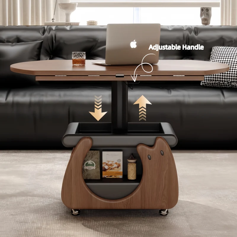 Couchtisch aus Massivholz, höhenverstellbar und klappbar, mit Stauraum und Universalrollen