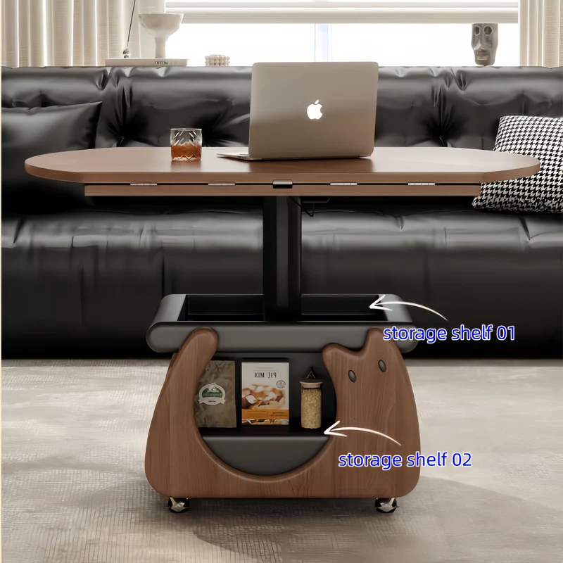 Couchtisch aus Massivholz, höhenverstellbar und klappbar, mit Stauraum und Universalrollen
