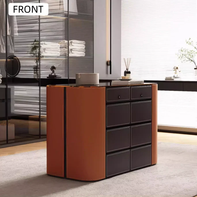 Moderner begehbarer Inselschrank mit brauner Arbeitsplatte aus gehärtetem Glas