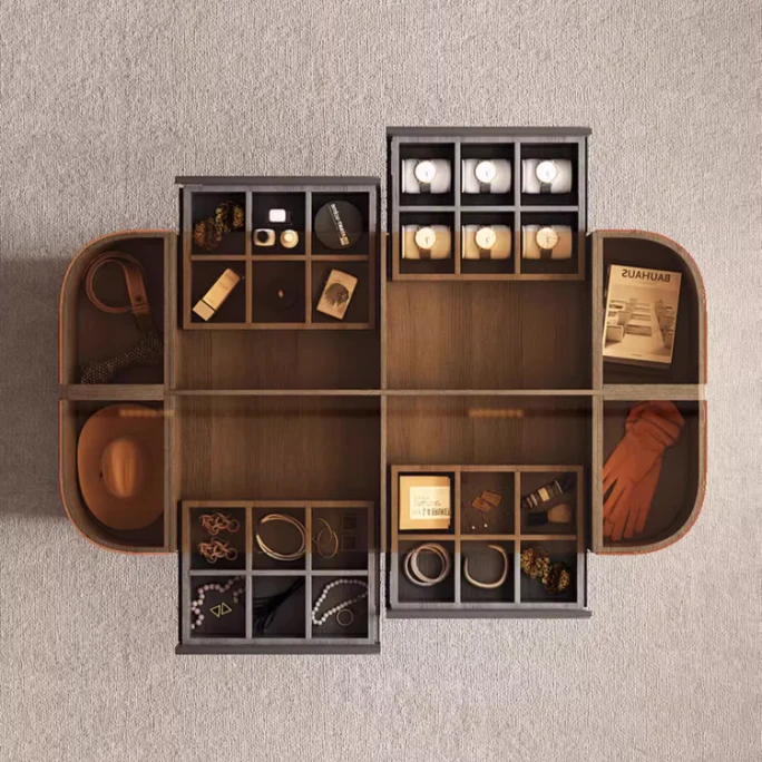 Moderner begehbarer Inselschrank mit brauner Arbeitsplatte aus gehärtetem Glas