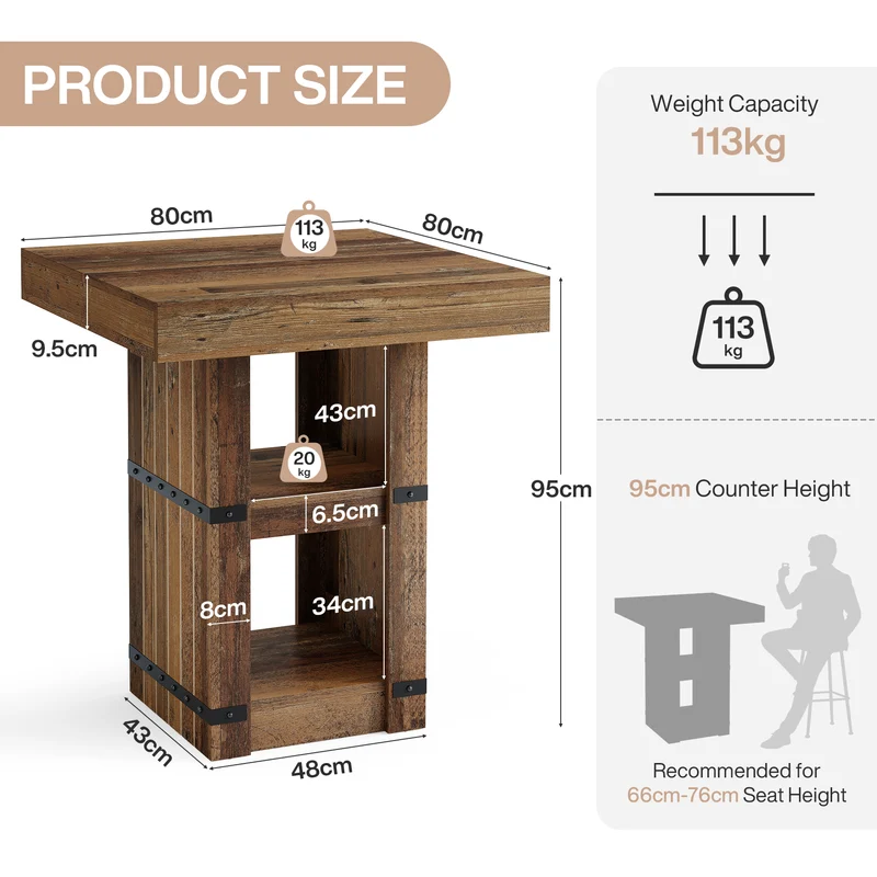 Tribesigns Bartisch 80 × 80 cm mit Stauraum, Hoher Stehtisch 95 cm, Küchentisch im Industrial-Landhausstil