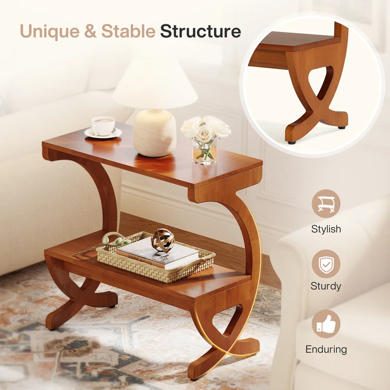 Tribesigns Massivholz Beistelltisch mit Ablage, Schmaler 2-Ebenen Nachttisch im Mid-Century Design