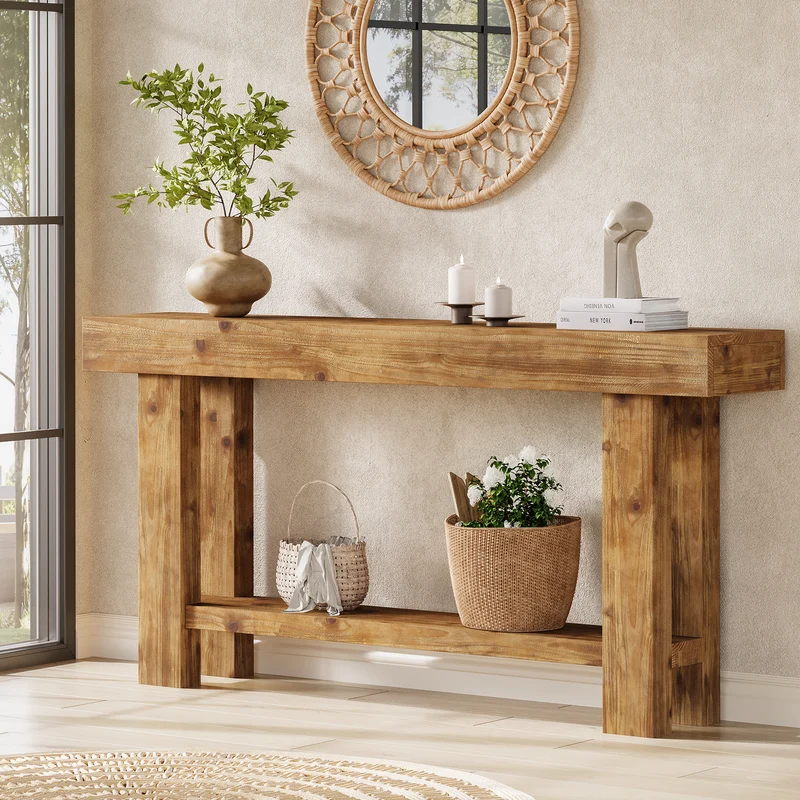 Tribesigns Konsolentisch aus Massivholz 160 cm, Schmaler Flurtisch im Landhausstil mit 2 Ablagen